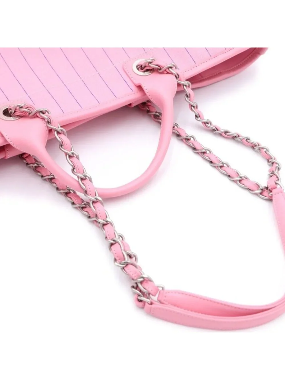 Chanel Deauville GM Canvas Leather Silver 2-Way Chain Tote Plate Pink